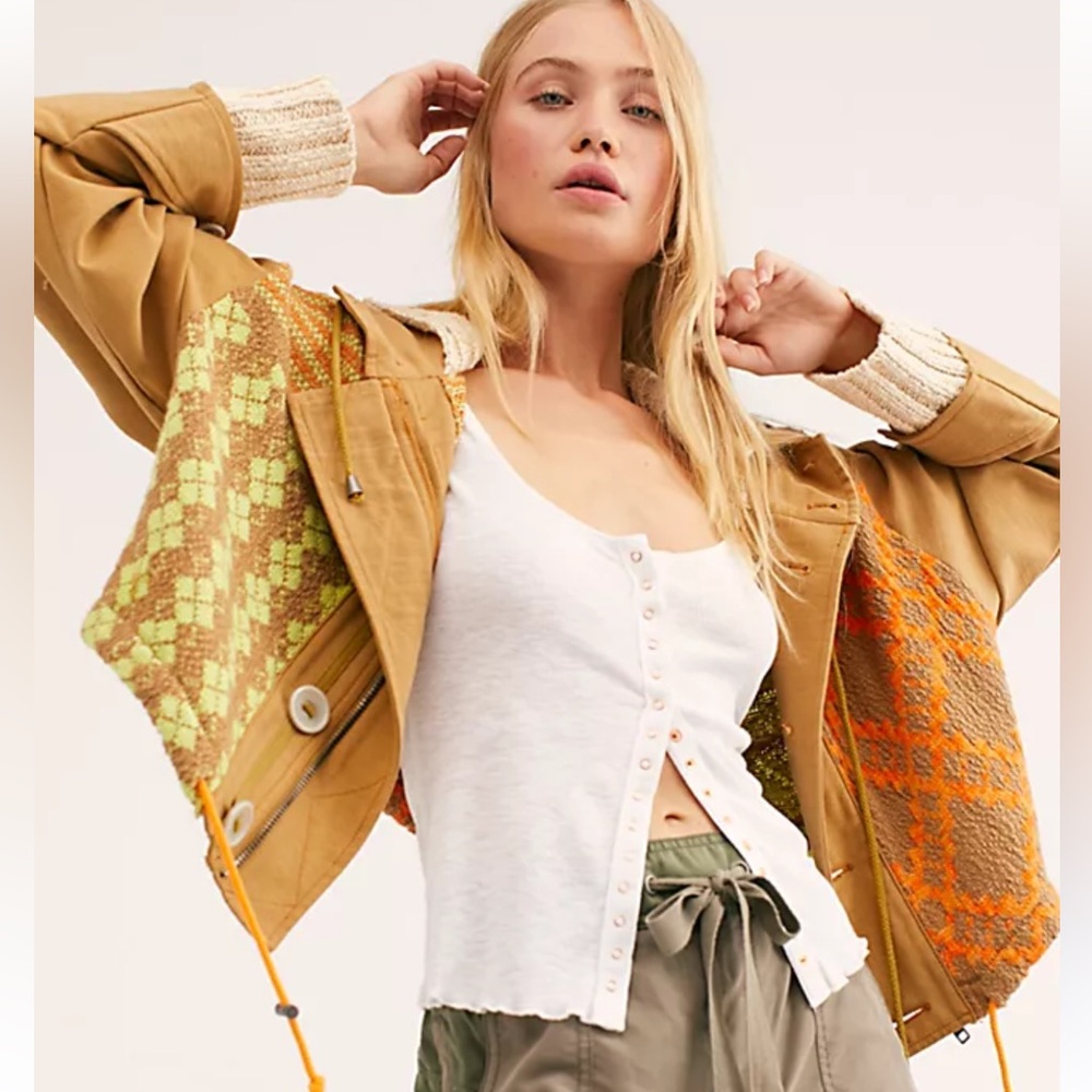 Free People Reno Multi Media Hooded Jacket Boho Patchwork xs stand funnel neck